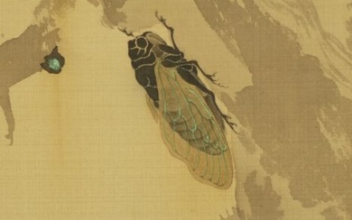 Hanging scroll, Painting - Silk - 'Ganryo' 岸良 - Cicada - With signature and seal 'Ganryo' 岸良 - Japan - Meiji period (1868-1912)