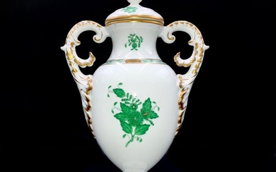 Herend - Artwork Amphora with Lid - "Chinese Bouquet Apponyi Green" - Vase - Hand Painted Porcelain