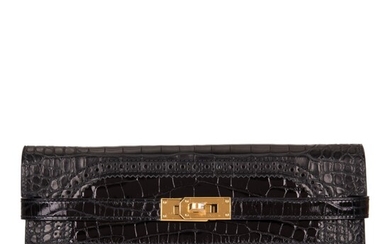 Hermès Kelly Long Ghillies Wallet of Black Shiny Mississippiensis Alligator with Gold Hardware