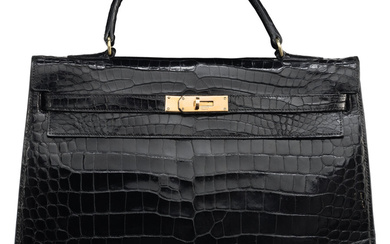 Hermès Vintage 35cm Black Shiny Alligator Sellier Kelly Bag...