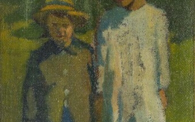 Hilda Fearon ROI, British 1878-1917 - Study of two children; oil on canvas laid on board, signed lower right, 50 x 31 cm Note: with thanks to Dr. Pamela Gerrish Nunn for her assistance in the cataloguing of this work Hilda Fearon was a British...