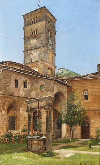 I. T. Hansen: View from the Abbey of Saint Scholastica in Subiaco. Signed and dated I. T. Hansen Sta. Scolastica Subiaco 1907. Oil on canvas. 28×17 cm.
