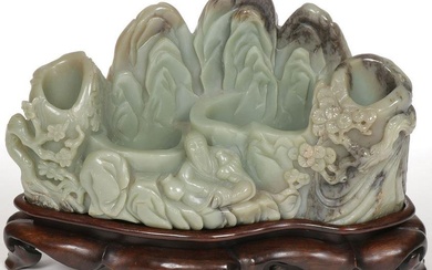 IMPRESSIVE CHINESE CARVED JADE BRUSH POT AND WASH