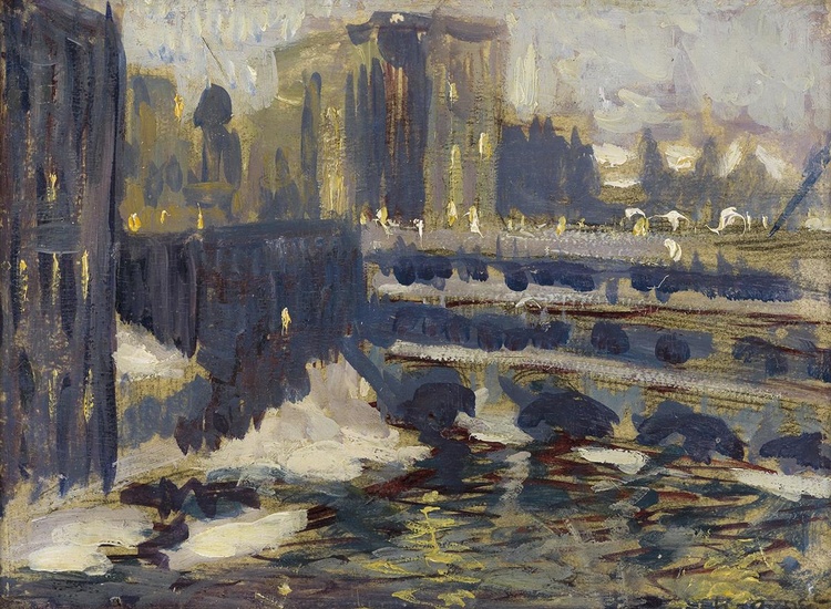 ISABEL BISHOP New York Cityscape. Oil on board, circa 1920. 150x200 mm; 6x8...