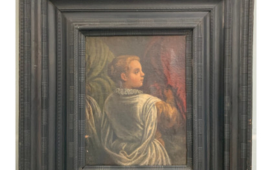 Ignoto "Figura femminile" antico frammento ad olio su tela applicata su tavola (cm 63x48). In cornice ebanizzata (difetti e restauri)