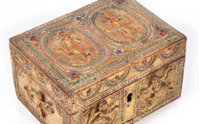 Indonesian? Southeast Asian gilt carved wood decorative box with inlaid glass jewels 4 1/2"H x 7