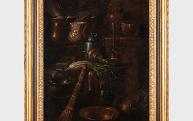 Italian School: Kitchen Still Life with Celery, Ceramic Pots, and Copper Cooking Utensils