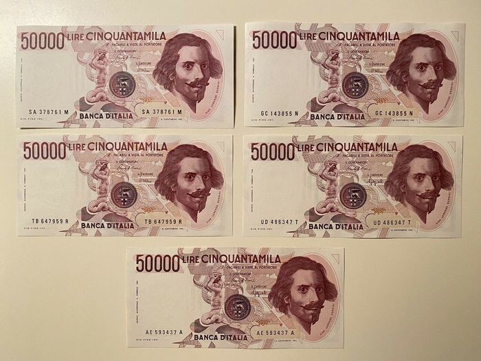 Italy - 5 x 50.000 Lire "Bernini" I tipo - Giro Completo Lettere ABCDE - Gigante BI 80 A,B,C,D,E