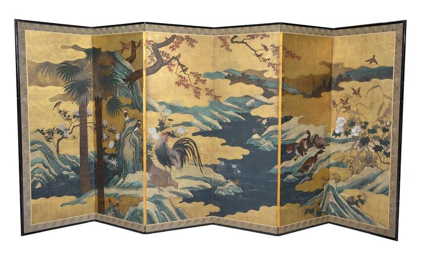 Japanese Edo period Kano school 6 panel painted screen.
