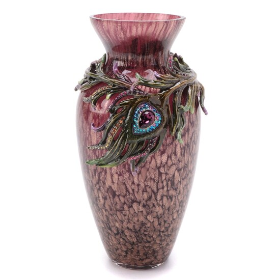Jay Strongwater "Alina" Peacock Feather Enamel and Glass Vase