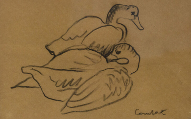 Joseph Constant (French/Israeli, 1829-1969) - Swans, Charcoal on Paper.