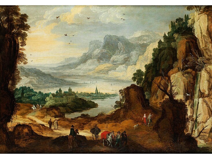 Josse de Momper d.J., (1564 Antwerpen – 1635 ebenda) und Jan Brueghel d.J., (1601 Antwerpen – 1678 ebenda), BERGLANDSCHAFT MIT REISENDEN UND FLUSS IM TAL, UM 1620