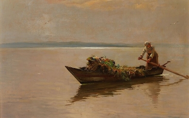 Karl Raupp: A woman on a boat on Chiemsee. Signed K. Raupp. Oil on cardboard. 34×49 cm.