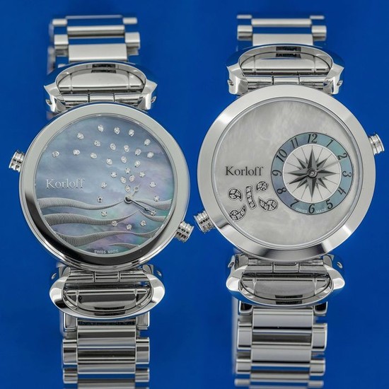 Korloff - 49 Diamonds for 0,20 Carats 2 Timezones Reversible White Mother of Pearl Dial Swiss Made- LM1/2BR - Women - BRAND NEW