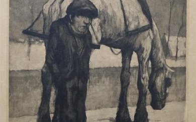 Kurt Peiser (1887-1962), Man bij paard, gesigneerd r.o., ets, beeldmaat...