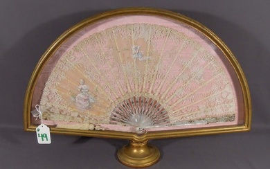 LARGE CASED ANTIQUE HAND PAINTED LACE HAND FAN WITH MOTHER-OF-PEARL HANDLE