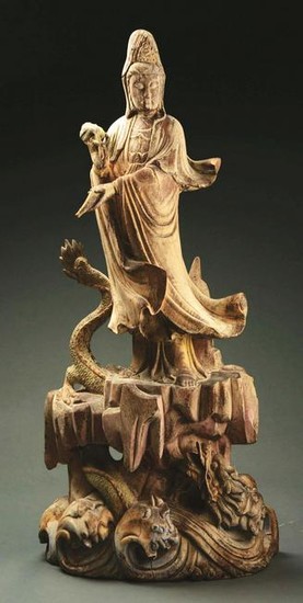 LARGE CHINESE CARVED POLYCHROME FIGURE OF QUANYIN.