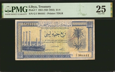 LIBYA. Treasury. 1/4 Pound, 1951 (ND 1955). P-7. PMG Very Fine 25.