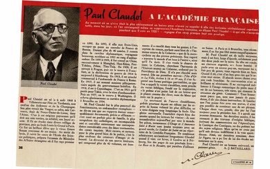 LITERATURE - CLAUDEL Paul (1868 - 1955) - Printed article signed