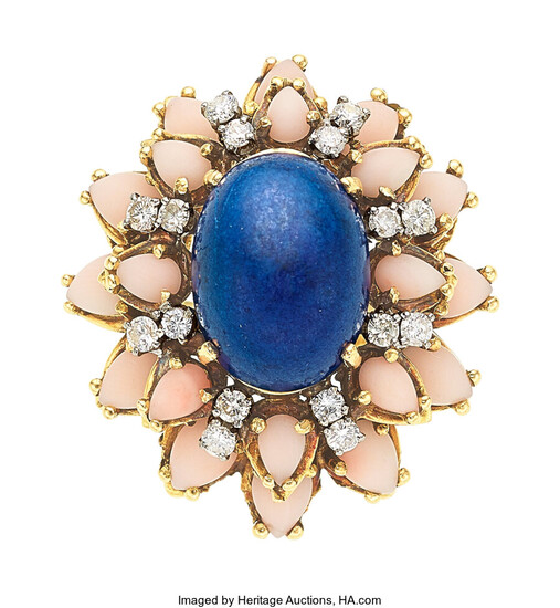 Lapis Lazuli, Coral, Diamond, Gold Ring The ring features...