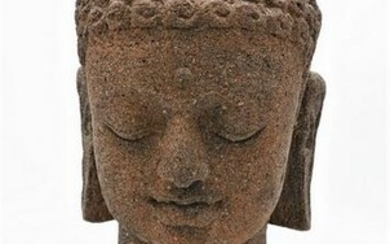 Large Carved Sandstone Head of a Buddha, sitting on