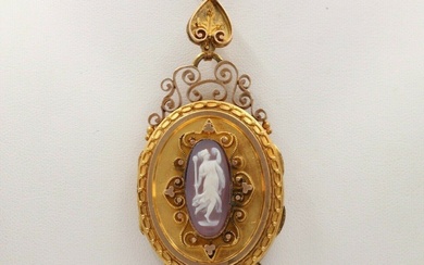 Large Victorian 18K Gold and Banded Agate Cameo Locket, Antique Pendant