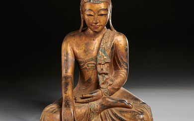 Large antique Burmese carved giltwood Buddha