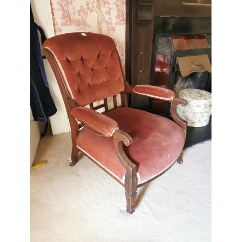 Late 19th. Upholstered mahogany ladies open armchair. { 92cm...