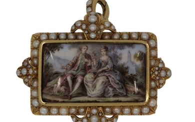 Liefdestafereel - 14 kt. Yellow gold - Brooch, Pendant Porcelain plaque