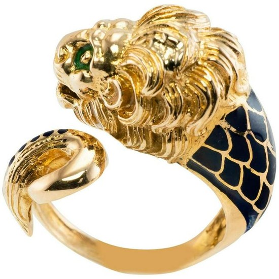 Lion Head Ring Blue Green Enamel 18K Yellow Gold