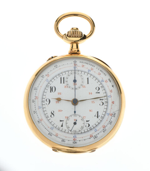 Lot 249 MONTRE DE GOUSSET en or jaune 750/°° les heures en chiffre arabes, formant chronomètre, cadran secondes à 6 heure et cadran à 12 H P : 78.5 g