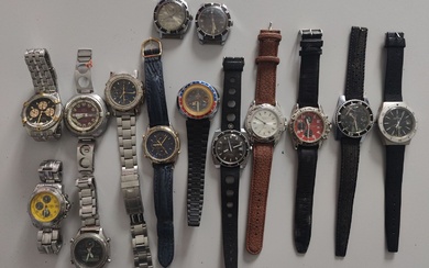 Lot de 14 montres chrono d'homme en métal dont TIMEX, AURORE, MATY, YOUNGER & BRESSON,...