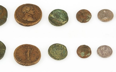 Lot de 6 monnaies impériales romaines en argent et en bronze : Denier de Tibère,...