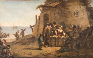 Louis Gallait Scorcio di villaggio con scena di mercato olio su tela cm 19x35...