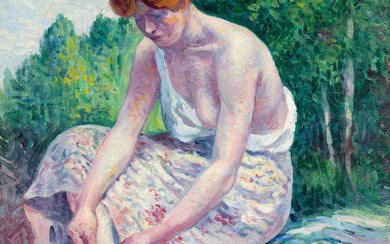 MAXIMILIEN LUCE (1858-1941) Moulineux, Jeune femme ôtant sa sandale