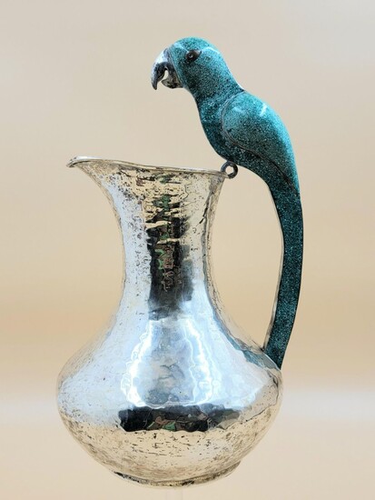 MEXICAN SILVERPLATE AND TURQUOISE BIRD PITCHER Signed