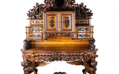Magnificent carved bureau table in the Baroque neo-Gothic style. France...