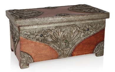 Manner of Alfred Daguet (1875-1942), Wooden casket encased in metalwork decorated with flowers and beetles motifs, inset with cabochons, circa 1900, Wood, brass, glass cabochons, Unmarked, 31.4cm x 17.2cm x 14.7cm