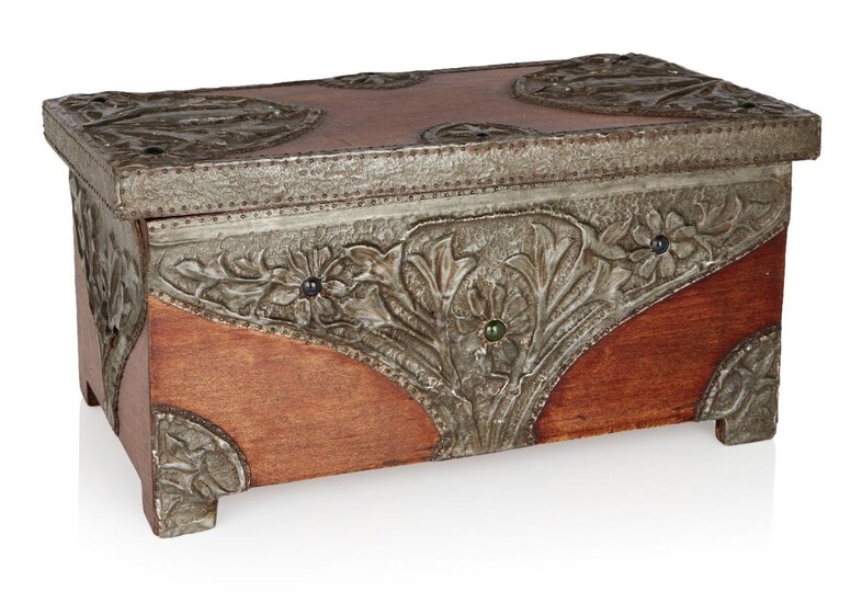 Manner of Alfred Daguet (1875-1942), Wooden casket encased in metalwork decorated with flowers and beetles motifs, inset with cabochons, circa 1900, Wood, brass, glass cabochons, Unmarked, 31.4cm x 17.2cm x 14.7cm