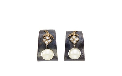 Marsh Pair of Oxidized Steel, Gold, Cultured Pearl and Diamond Hoop Earclips