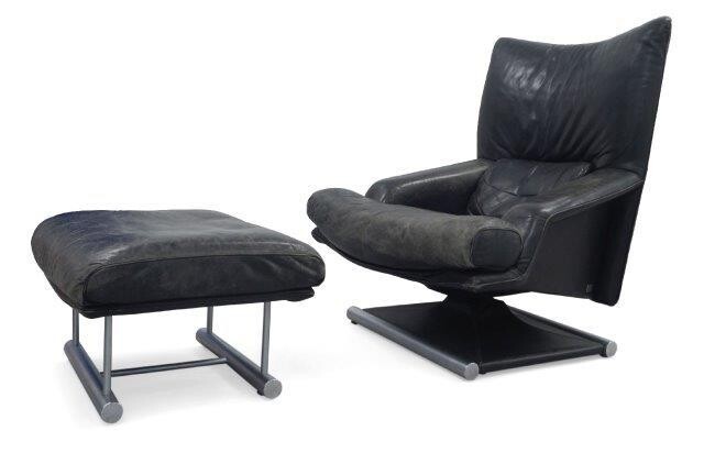 Mathias Hoffman (German b.1954), a 'Series 6500' armchair and ottoman for Rolf Benz, c.1985, chair with applied metal manufacturer's label, The armchair with black leather upholstered seat, on square leather upholstered steel frame base, together...