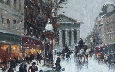 Merio AMEGLIO (1897-1970) La rue Royale à Paris, animée sous la neige. Huile sur toile...