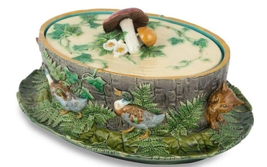 Minton Majolica Fox and Duck Game-Pie Dish and Cover on