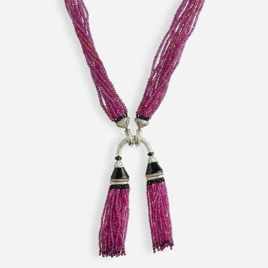 Multi-strand ruby, black onyx, diamond tassel necklace