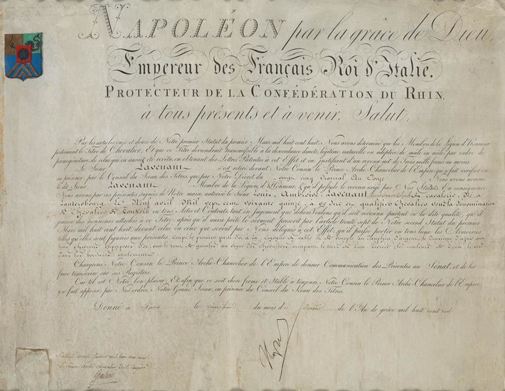NAPOLÉON. Partly-printed vellum Document Signed, "Napoleon," conferring the title of Chevalier de Toukerb...