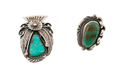 Navajo Sterling, Turquoise Ring and Brooch, C 1950, 2 Pcs. H 2”