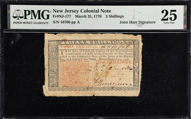 NJ-177. New Jersey. March 25, 1776. 3 Shillings. PMG Very Fine 25. John Hart Signature.