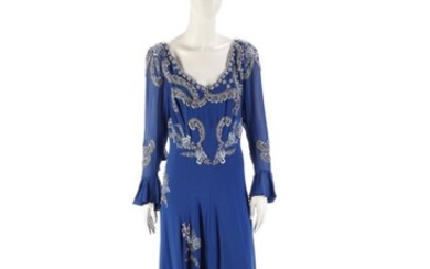 Autore non identificato, Haute couture long evening dress in China blue lace and silk.