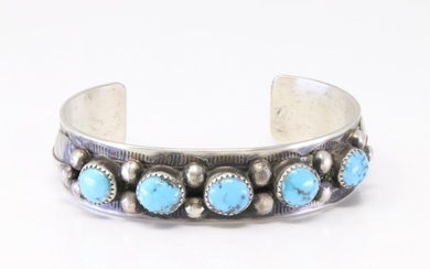 Native America Navajo Handmade Sterling Silver Turquoise Bracelet By Wilber Meyer.
