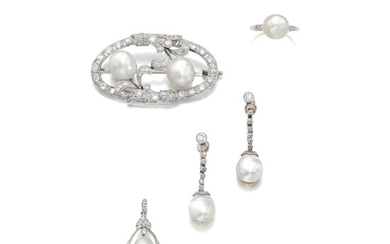 Natural pearl and diamond parure and a ring